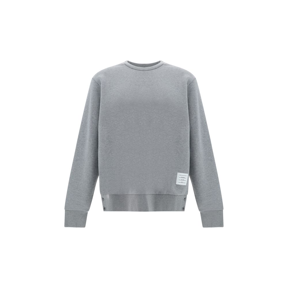 Thom Browne Sweatshirt in grey, cotton, crew neck, ribbed cuffs, iconic color stripes, side slits with buttons, logo patch, AW25 season.