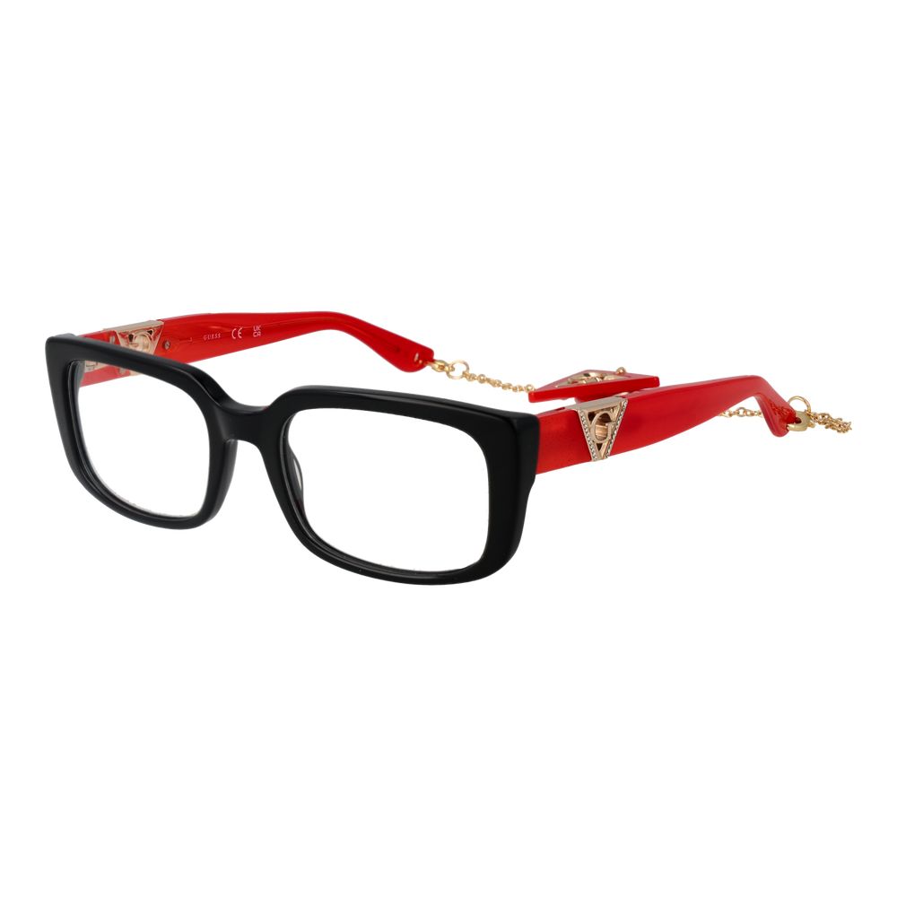 Guess Black Women Glasses Frame in black and red acetate with rectangle shape and full-rim style, featuring branded detailing.