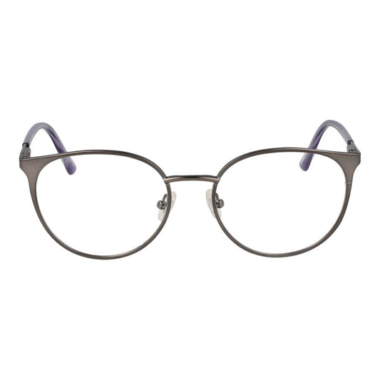 Guess Silver Women Glasses Frame, round metal with full-rim style, demo plastic lenses, silver color, spring hinge, branded case included.