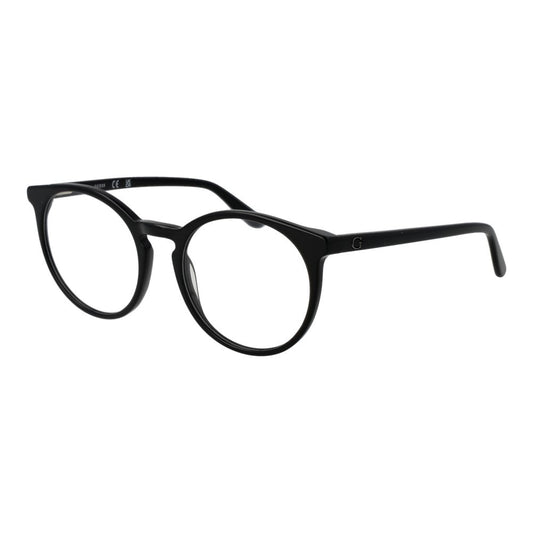 Guess Black Women Glasses Frame, full-rim round acetate design, 53-19-140 size with 49 lens height, demo lenses, spring hinge, branded case included.