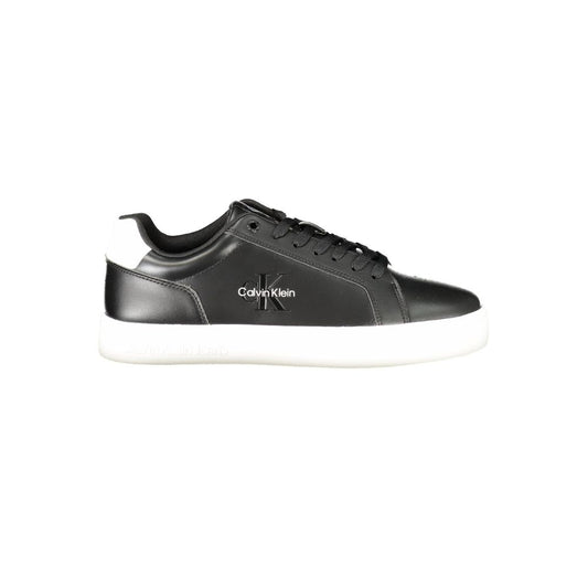 Calvin Klein Black Leather Men Sneaker with white sole and logo showcasing sleek design and comfort.