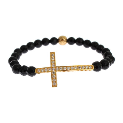 Nialaya Agate Stone Gold CZ Cross 925 Silver Bracelet