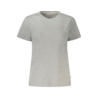 Guess Jeans Gray Cotton Women T-Shirt with crew neck and iconic logo, stylish and eco-friendly choice, short sleeves. Perfect for casual wear.