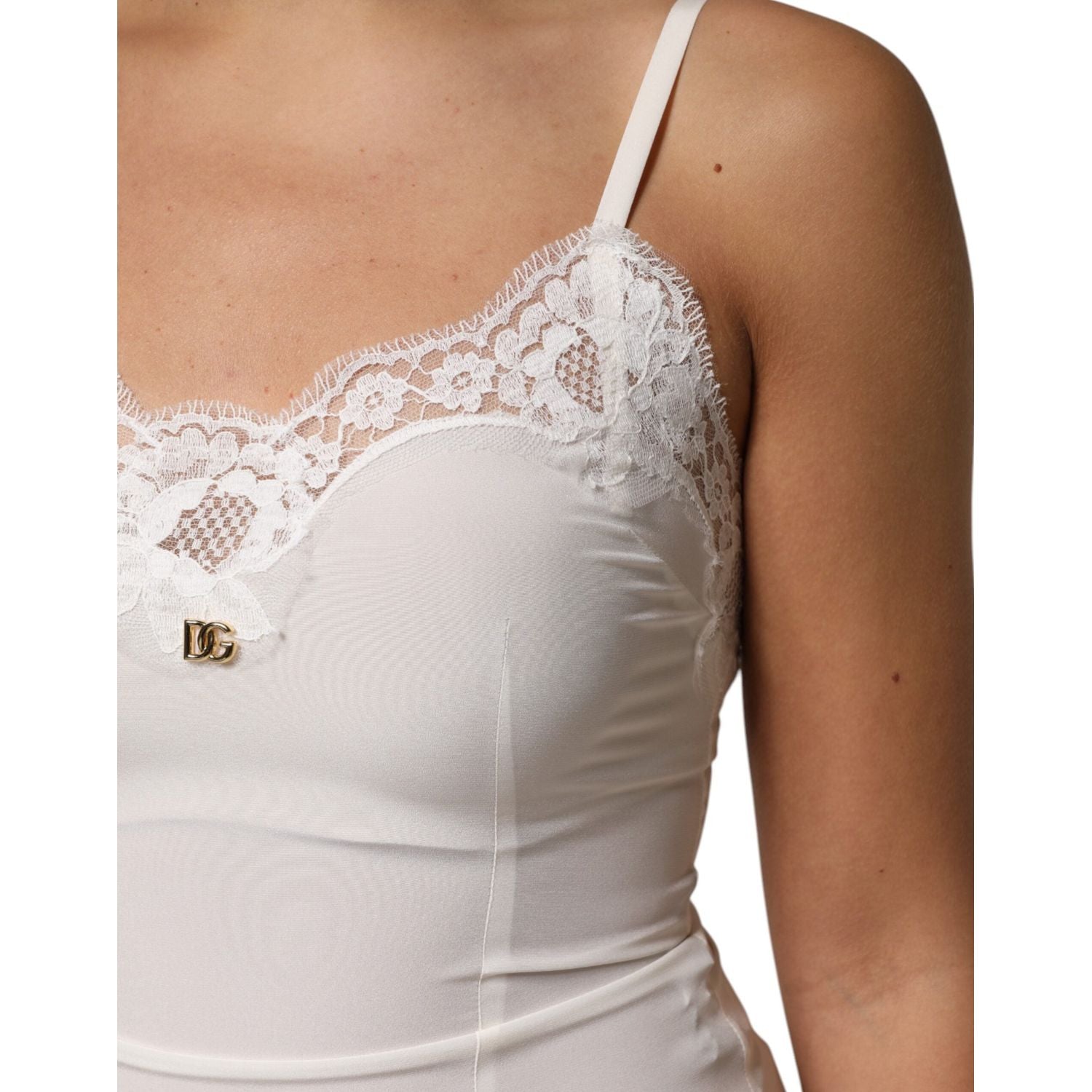 Dolce & Gabbana White Lace Gold DG Logo Silk Dress Sleepwear