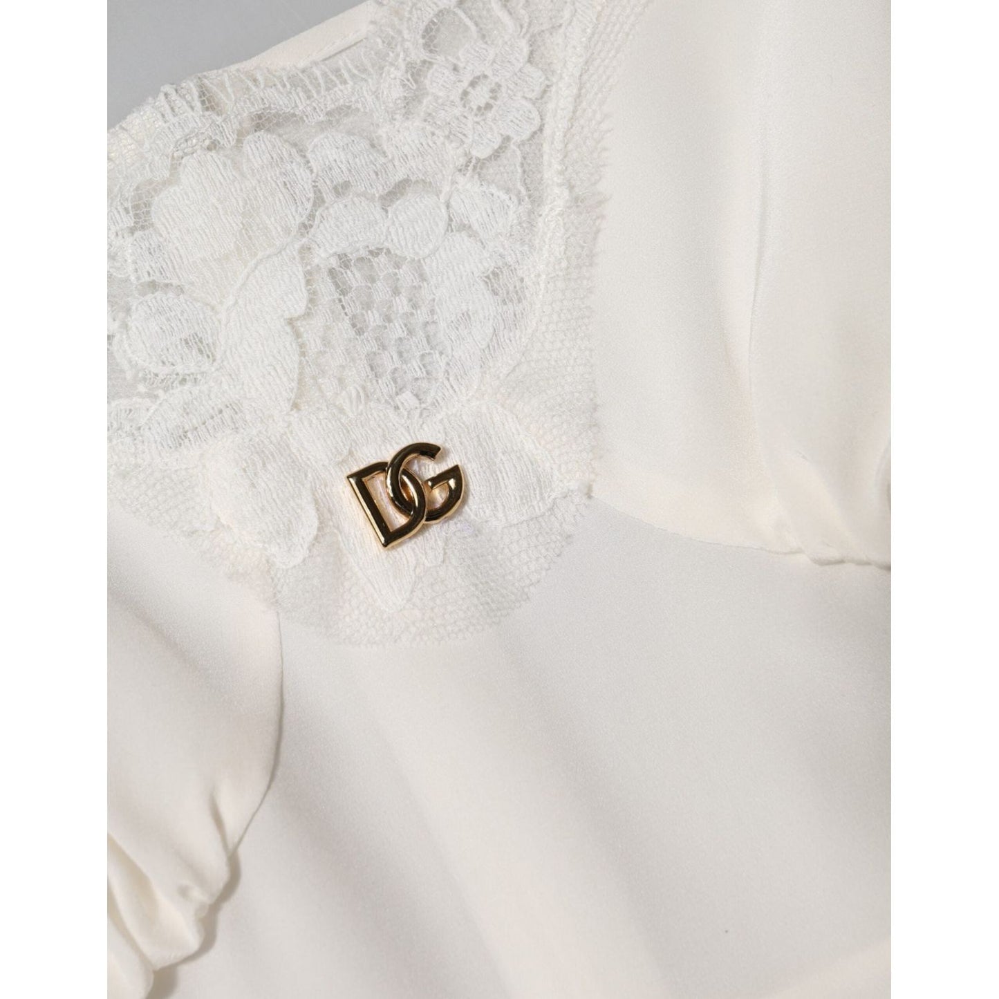 Dolce & Gabbana White Lace Gold DG Logo Silk Dress Sleepwear