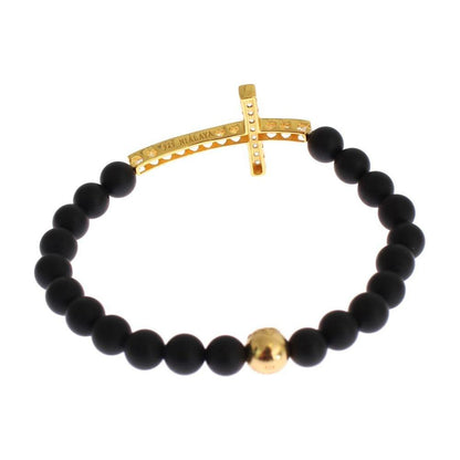 Nialaya Matte Onyx Stone Gold CZ Cross 925 Silver Bracelet