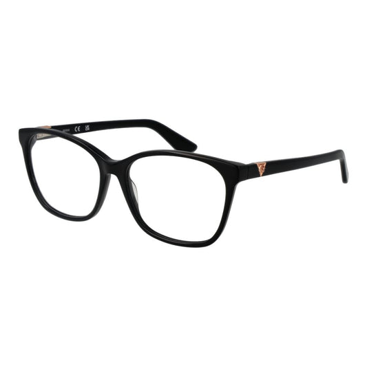 Guess Black Women Glasses Frame in full-rim acetate, featuring a rectangular style with demo lenses. Includes branded case.