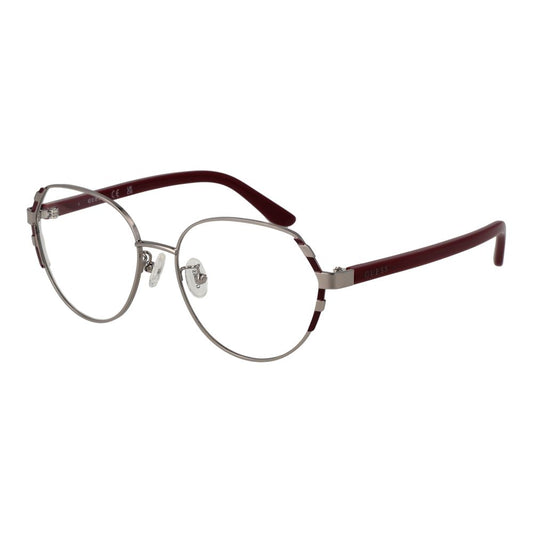 Guess Silver Women Glasses Frame with round full-rim silver metal design, demo lenses, and branded case included.