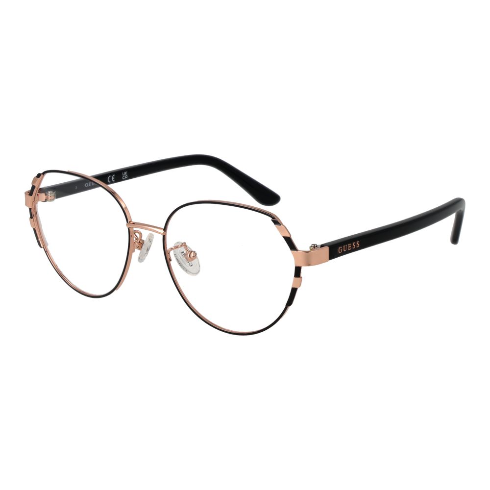 Guess Rose Gold Women Glasses Frame in metal full-rim design with demo lenses, size 53-16-140, featuring round style and branded case included.