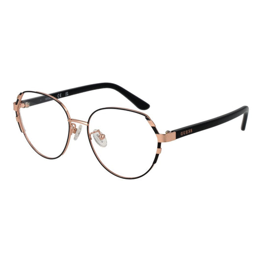 Guess Rose Gold Women Glasses Frame in metal full-rim design with demo lenses, size 53-16-140, featuring round style and branded case included.