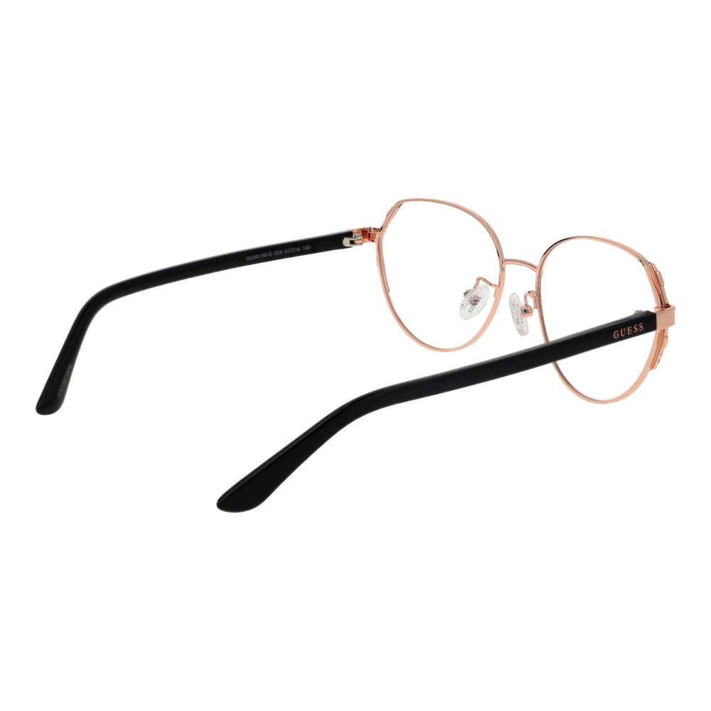 Guess Rose Gold Women Glasses Frame, round full-rim style, metal frame, demo lenses, includes branded case.