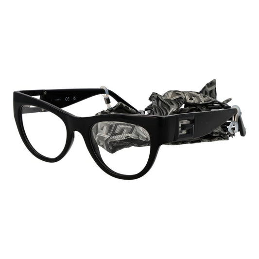 Guess Black Women Glasses Frame, full-rim cat eye style in black plastic with demo lenses, includes branded case.