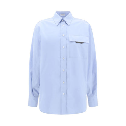 Brunello Cucinelli Light Blue Cotton Dress Shirt with classic collar and jeweled pocket flap, featuring buttoned cuffs for AW25 regular fit.