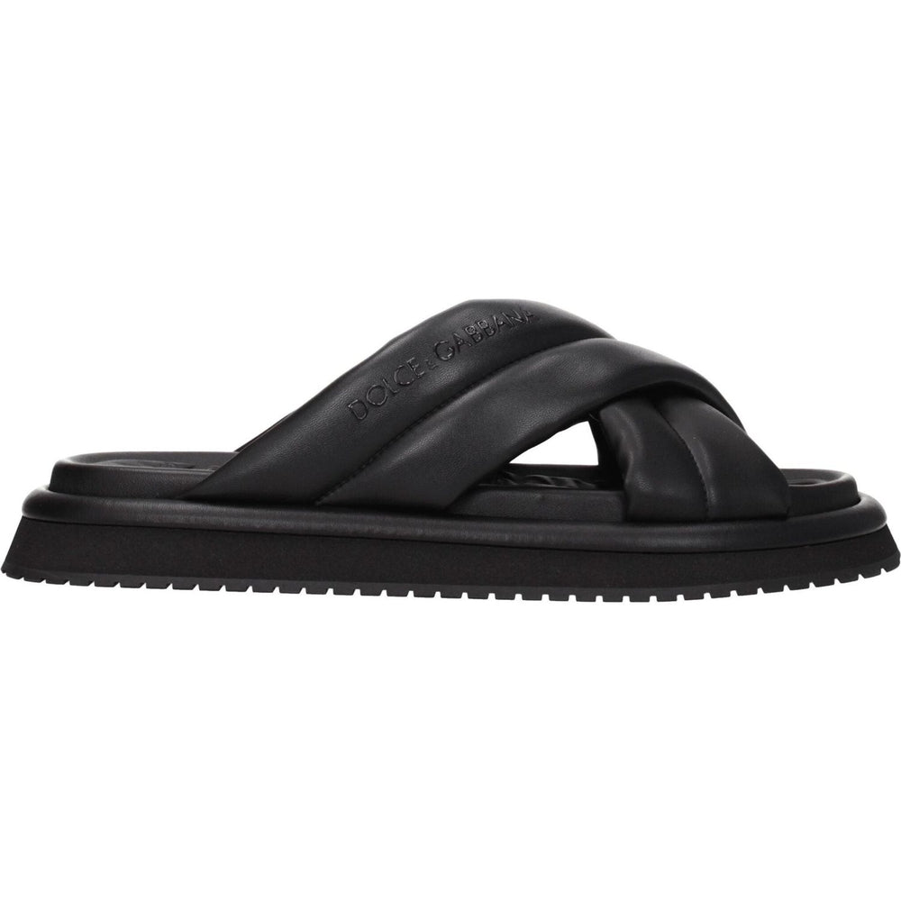 Dolce & Gabbana Black Leather Slippers Sandals DO-8547290677513-EU40/US7
