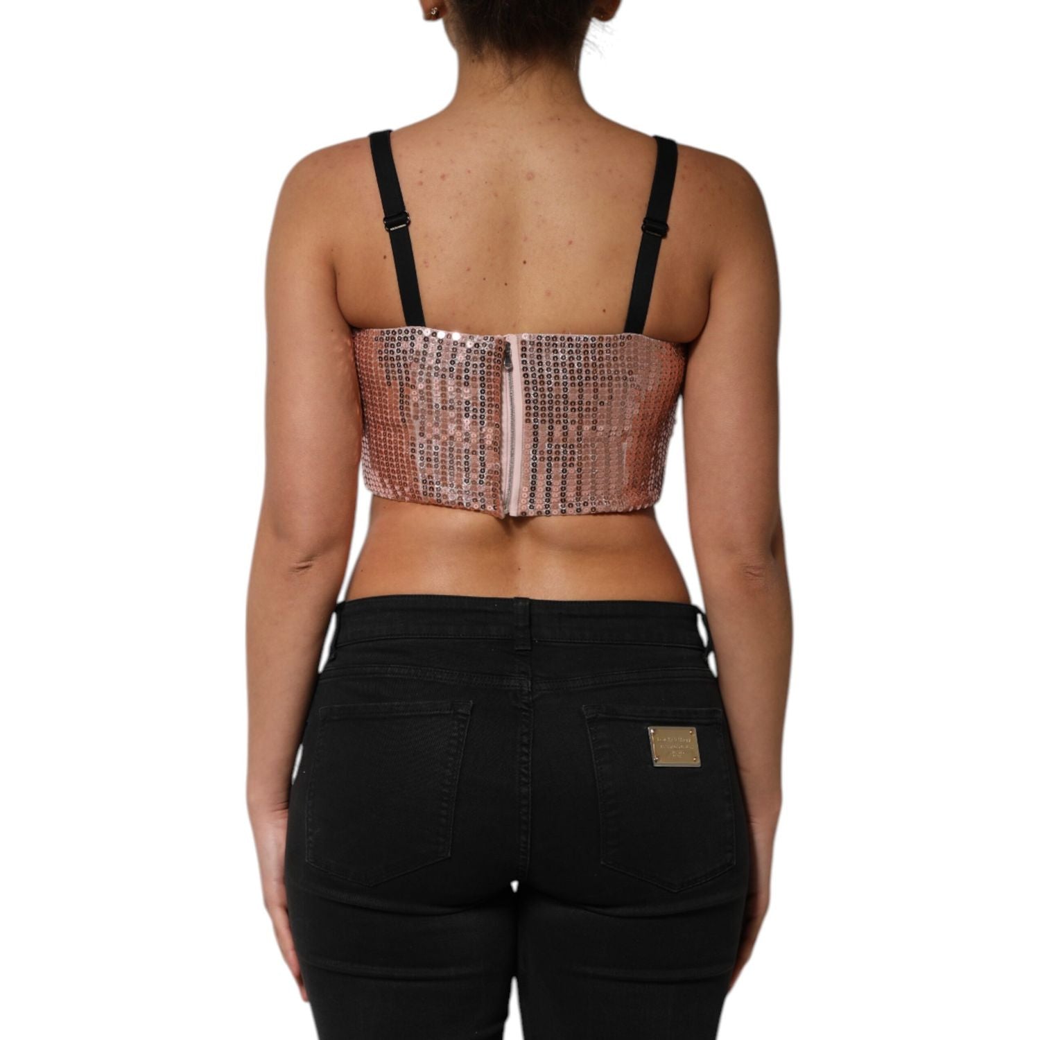 Dolce & Gabbana Pink Sequined Nylon Sleeveless Cropped Top