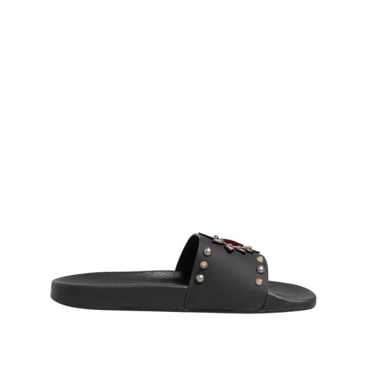 Dolce & Gabbana Black Rubber Sacred Heart Slides Men Beachwear Shoes