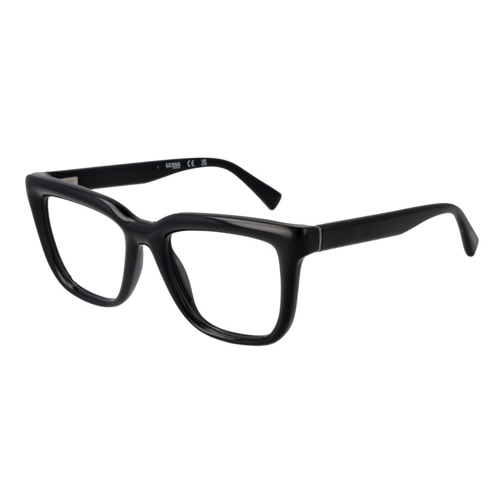 Guess Black Unisex Glasses Frame, full-rim rectangle style with black plastic frame, lenses included, size 52-19-145, spring hinge.