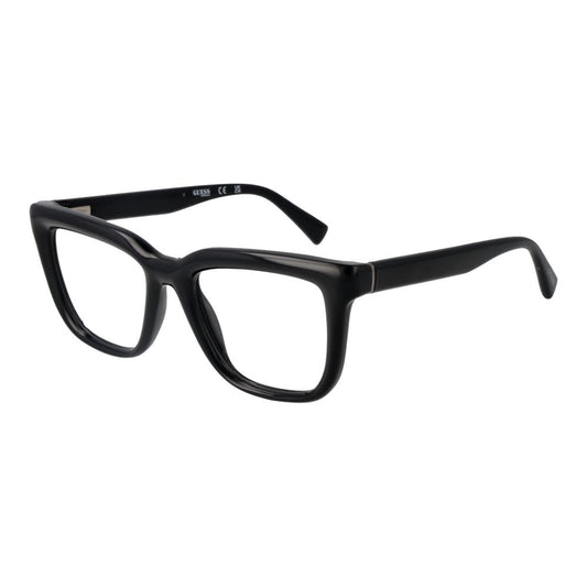 Guess Black Unisex Glasses Frame, full-rim rectangle style with black plastic frame, lenses included, size 52-19-145, spring hinge.