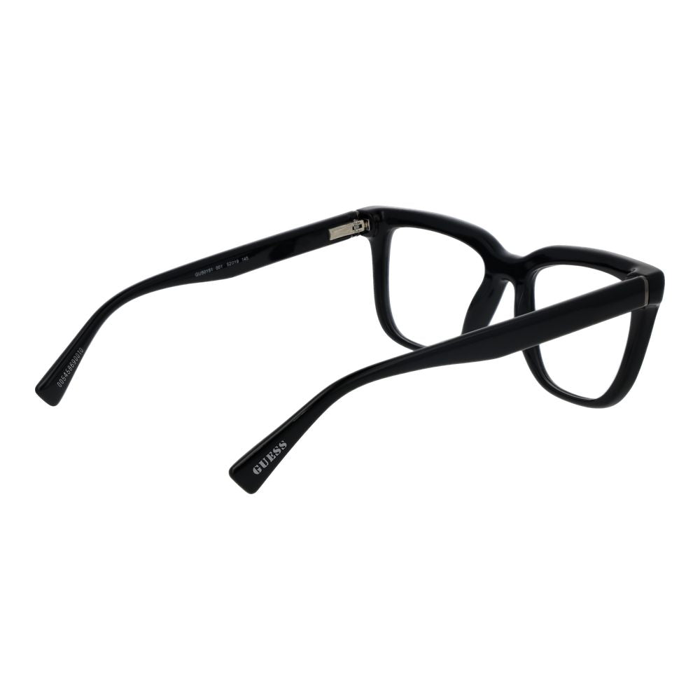 Guess Black Unisex Glasses Frame in full-rim rectangular design with plastic material, spring hinge, and demo lenses.