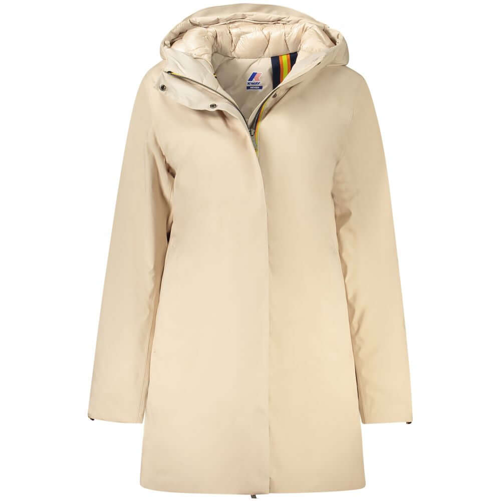 K-WAY Beige Polyester Jackets & Coat - Long sleeve trench with hood, padded, 2 external and 3 internal pockets, zip and buttons.