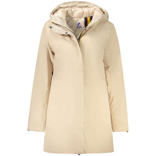 K-WAY Beige Polyester Jackets & Coat - Long sleeve trench with hood, padded, 2 external and 3 internal pockets, zip and buttons.