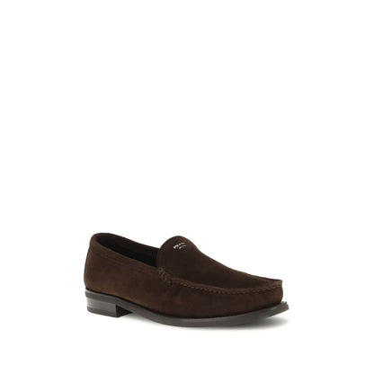 Prada Brown Calf Leather Bos Taurus Slip-On Loafers with suede finish and rubber sole, featuring tapered lightweight design, AW25 collection.