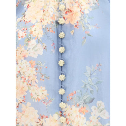 Zimmermann Light Blue Ramie Blouse with floral print and handcrafted crochet buttons