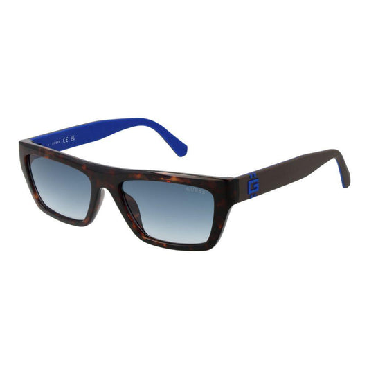 Guess Brown Men Sunglass with blue gradient lenses, full-rim brown plastic frame, rectangle style, includes branded case.