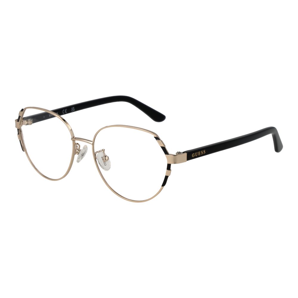 Guess Gold Women Glasses Frame with full-rim metal in gold, demo lenses, square style, size 53-16-140, includes branded case.