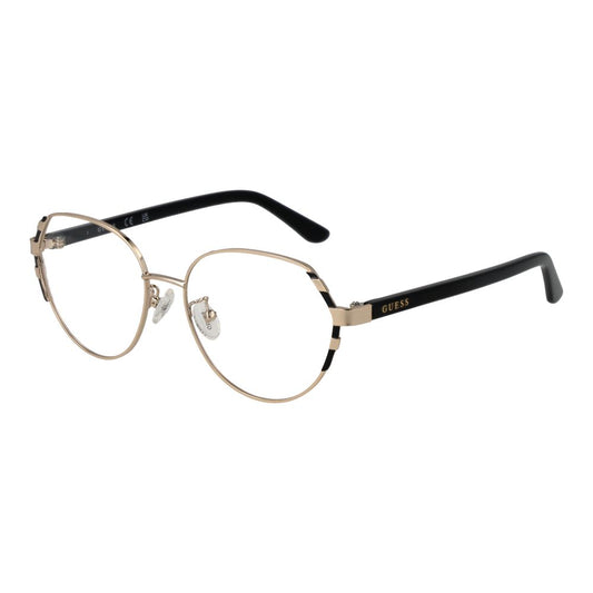 Guess Gold Women Glasses Frame with full-rim metal in gold, demo lenses, square style, size 53-16-140, includes branded case.