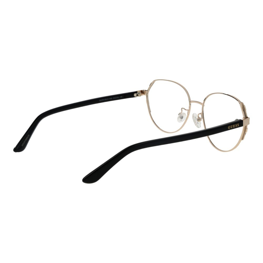 Guess Gold Women Glasses Frame in full-rim gold metal with demo lenses, featuring a square style and branded case included.