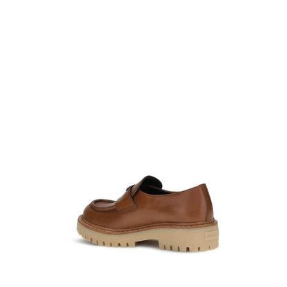 Prada Brown Calf Leather Bos Taurus Slip-On Loafers with carrarmate sole and triangular plaque, AW25.