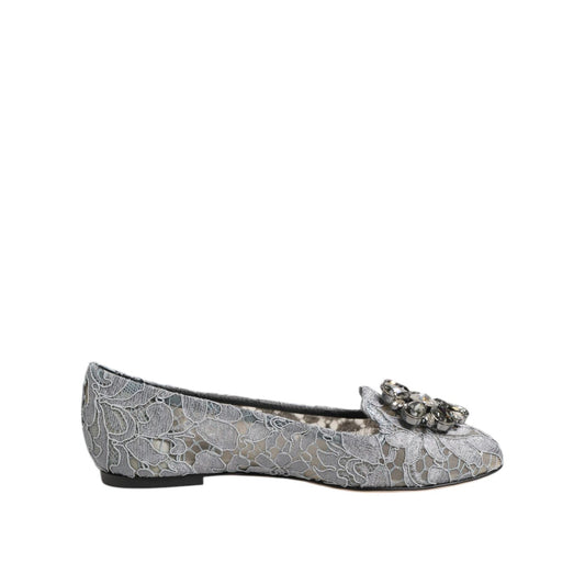 Dolce & Gabbana Gray Taormina Lace Crystals Flats Shoes