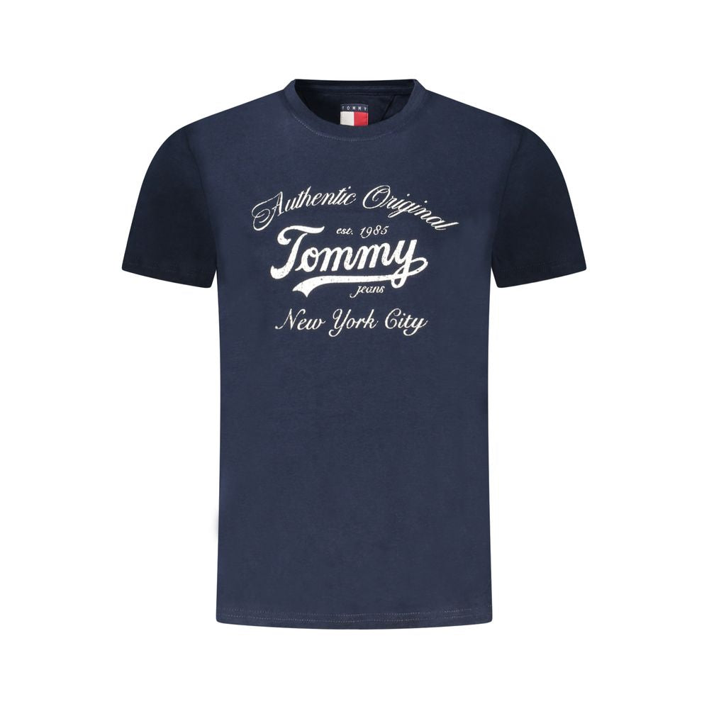 Tommy Hilfiger Blue Cotton Women T-Shirt with logo print, made from eco-friendly materials, short-sleeved, crew-neck design.