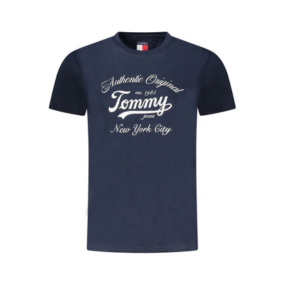 Tommy Hilfiger Blue Cotton Women T-Shirt with logo print, made from eco-friendly materials, short-sleeved, crew-neck design.