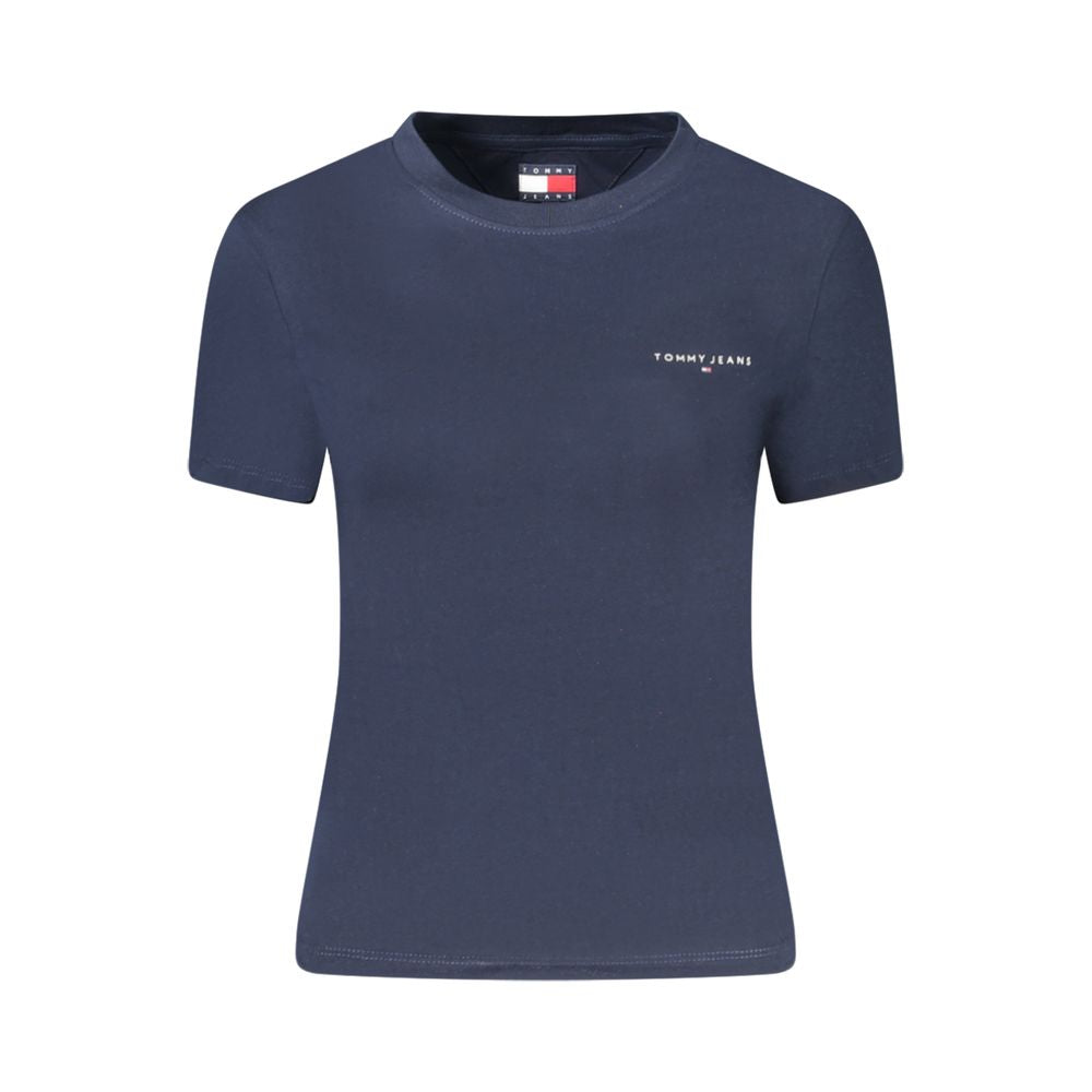 Tommy Hilfiger Blue Cotton Women T-Shirt with short sleeves and crew neck, featuring a bold print and Tommy logo on a crisp blue fabric.