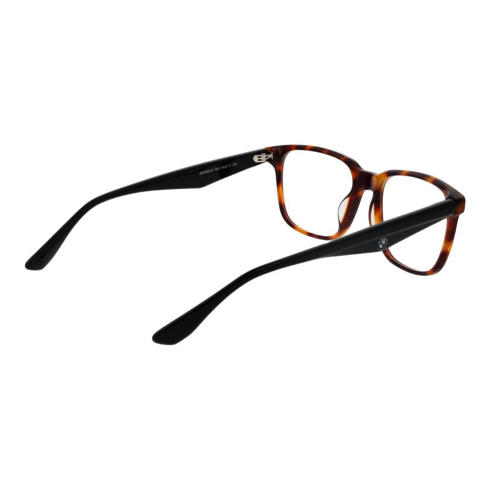 BMW Brown Men Glasses Frame in acetate, full-rim, rectangle style, with demo lenses. Size 55-17-145 for men. Includes branded case.