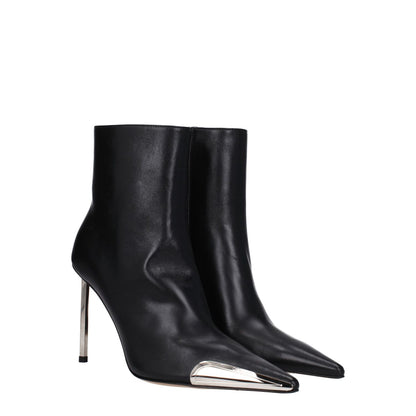 Off-White Black Leather Ankle Boots with silver accents, high heel, zip closure, and pointy toe.