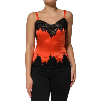 Dolce & Gabbana Red Black Lace Trim Silk Sleeveless Tank Top