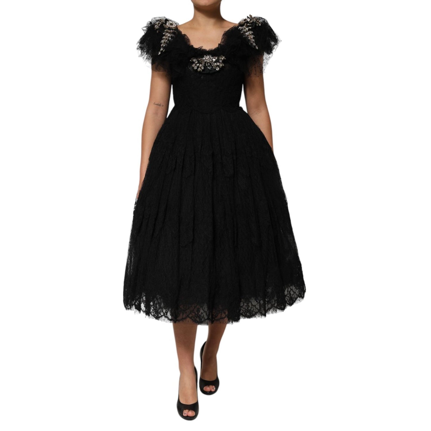 Dolce & Gabbana Black Crystal Embellished Midi A-line Dress