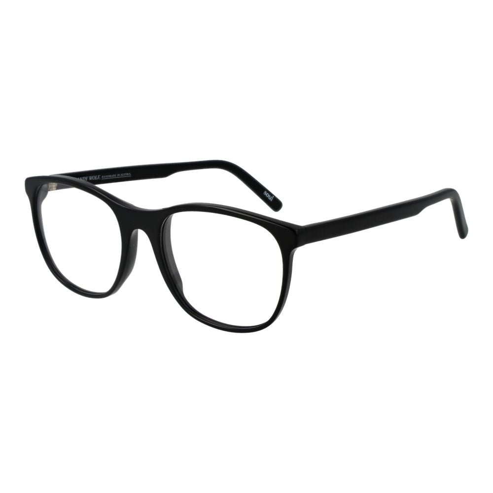 Andy Wolf Black Unisex Glasses Frame in full-rim acetate style, panto design, lens width 52mm, frame width 130mm, temples length 145mm.
