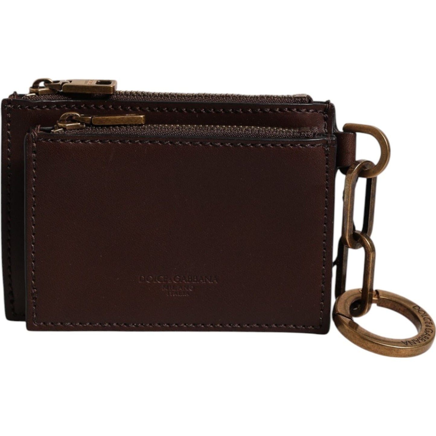 Dolce & Gabbana Brown Calf Leather Zip Logo Keyring Coin Purse Men Wallet SMY11220