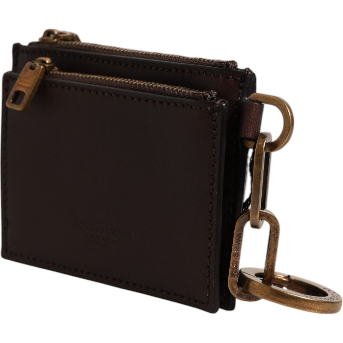 Dolce & Gabbana Brown Calf Leather Zip Logo Keyring Coin Purse Men Wallet SMY11220