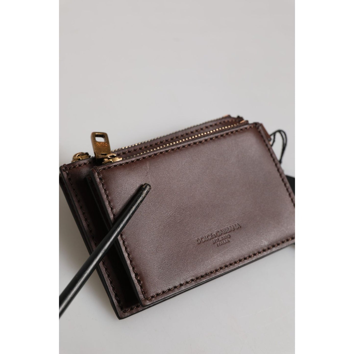 Dolce & Gabbana Brown Calf Leather Zip Logo Keyring Coin Purse Men Wallet SMY11220