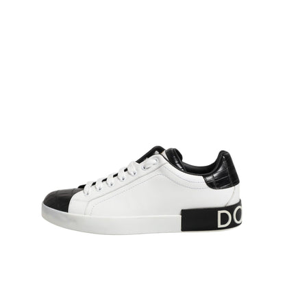 Dolce & Gabbana White Black Leather Portofino Sneaker Shoes