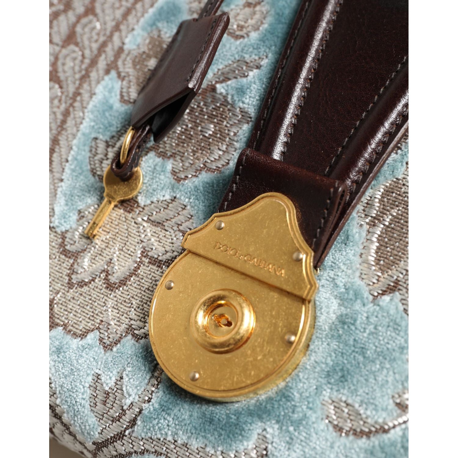 Dolce & Gabbana Blue Brown Leather Floral Jacquard Travel Handbag Bag