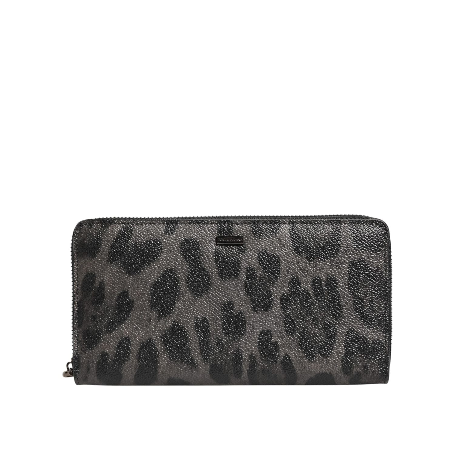 Dolce & Gabbana Black Gray Leopard Leather Zip Around Continental Wallet