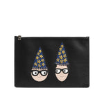 Dolce & Gabbana Black Leather #DGFAMILY Embellished Men Clutch Pouch Bag with multicolor graphic appliques and zip closure.