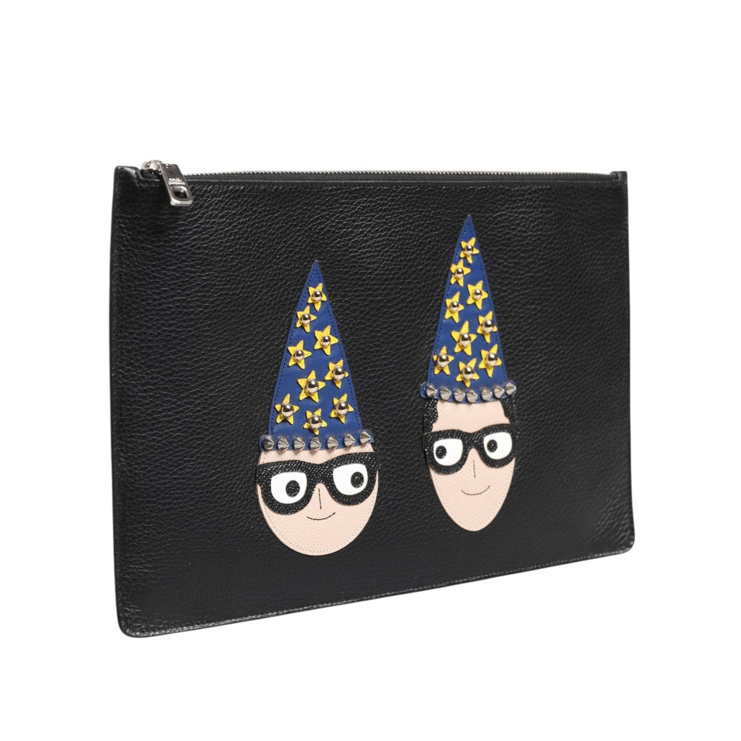 Dolce & Gabbana Black Leather #DGFAMILY Embellished Men Clutch Pouch Bag with graphic leather appliques and zip closure.