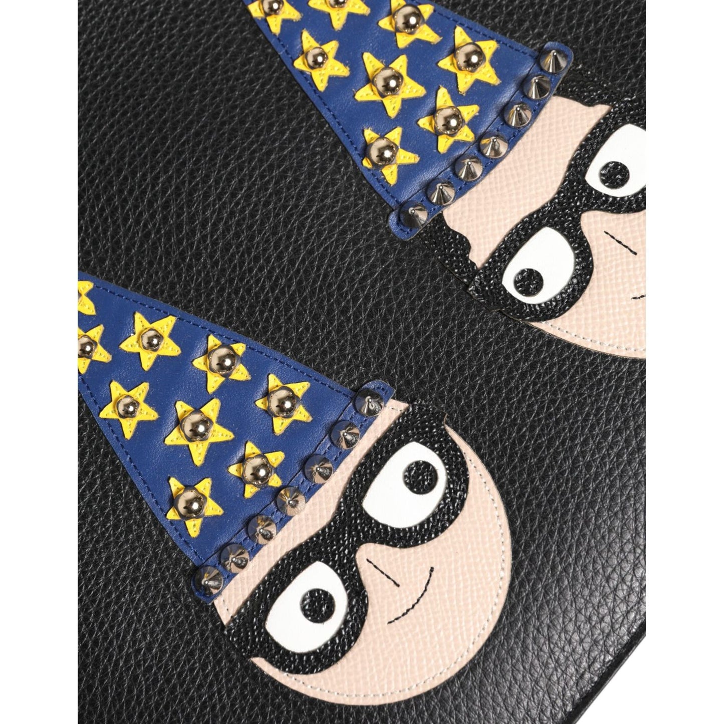 Dolce & Gabbana Black Leather #DGFAMILY Embellished Men Clutch Pouch Bag with colorful graphic appliques, zipper, and logo details.